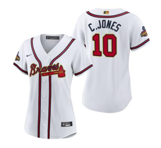 Women's Atlanta Braves #10 Chipper Jones 2022 White/Gold World Series Champions Program Stitched Jersey(Run Small)